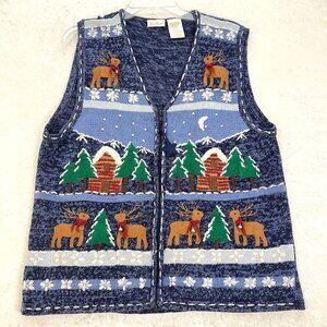 BOBBIE BROOKS Sweater Vest Winter Holiday Womens Large Blue Appliqué Grannycore